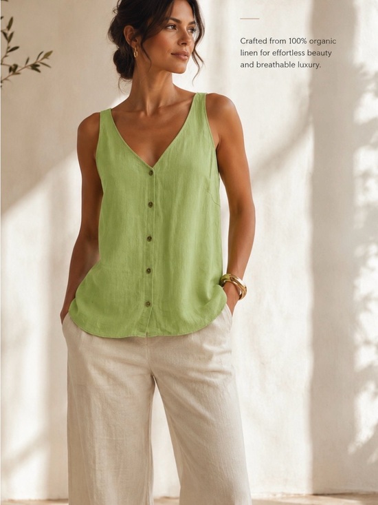 Simons Tops - Simons Light Green Organic Linen V-Neck Button Tank
